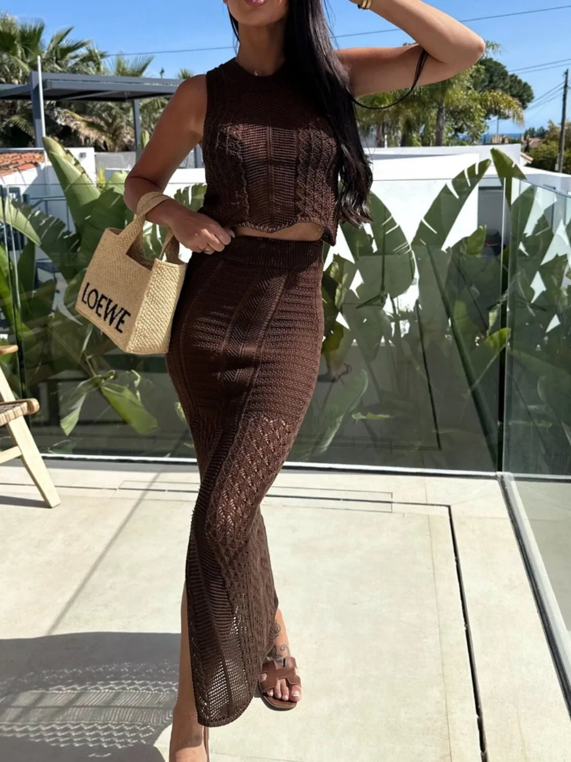 Openwork Round Neck Top and Slit Skirt Sweater Set Dark Brown
