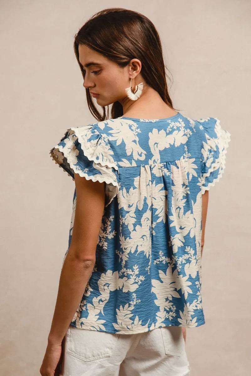 BiBi Floral Prints Wave Trim Smocking Details Short Sleeve Blouse