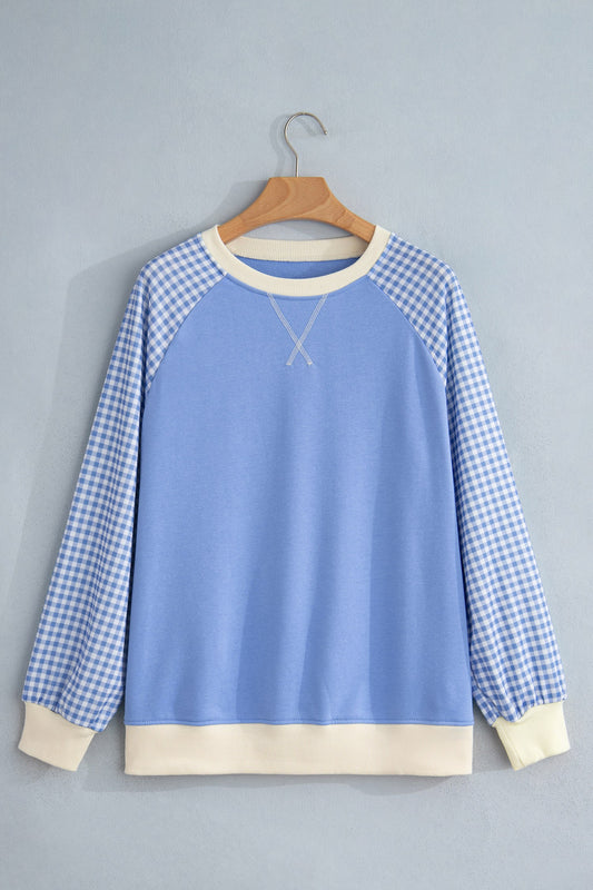 Gingham Colorblock Long Sleeve Raglan Pullover Sweatshirt