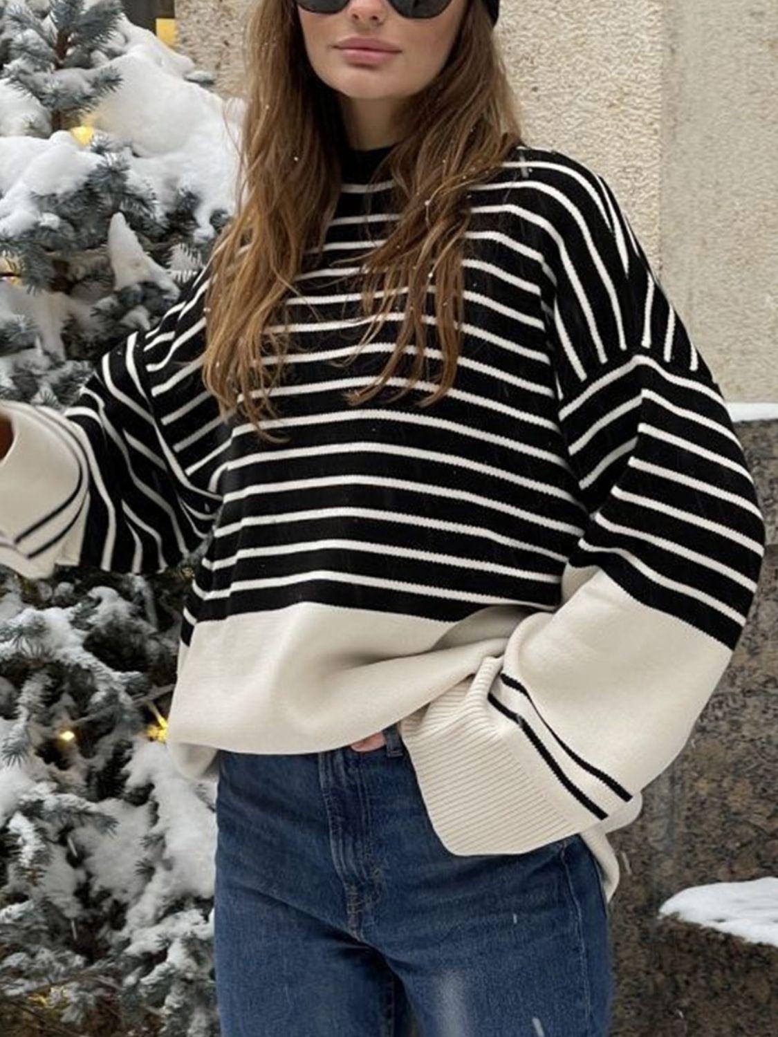 Striped Mock Neck Long Sleeve Sweater Black