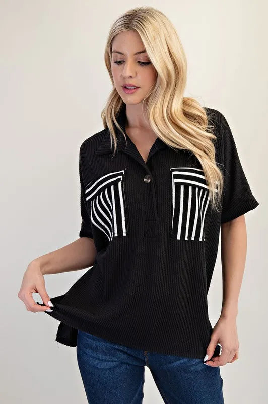 Celeste Full Size Rib Knit Collared Top with Striped Pockets Plus Size