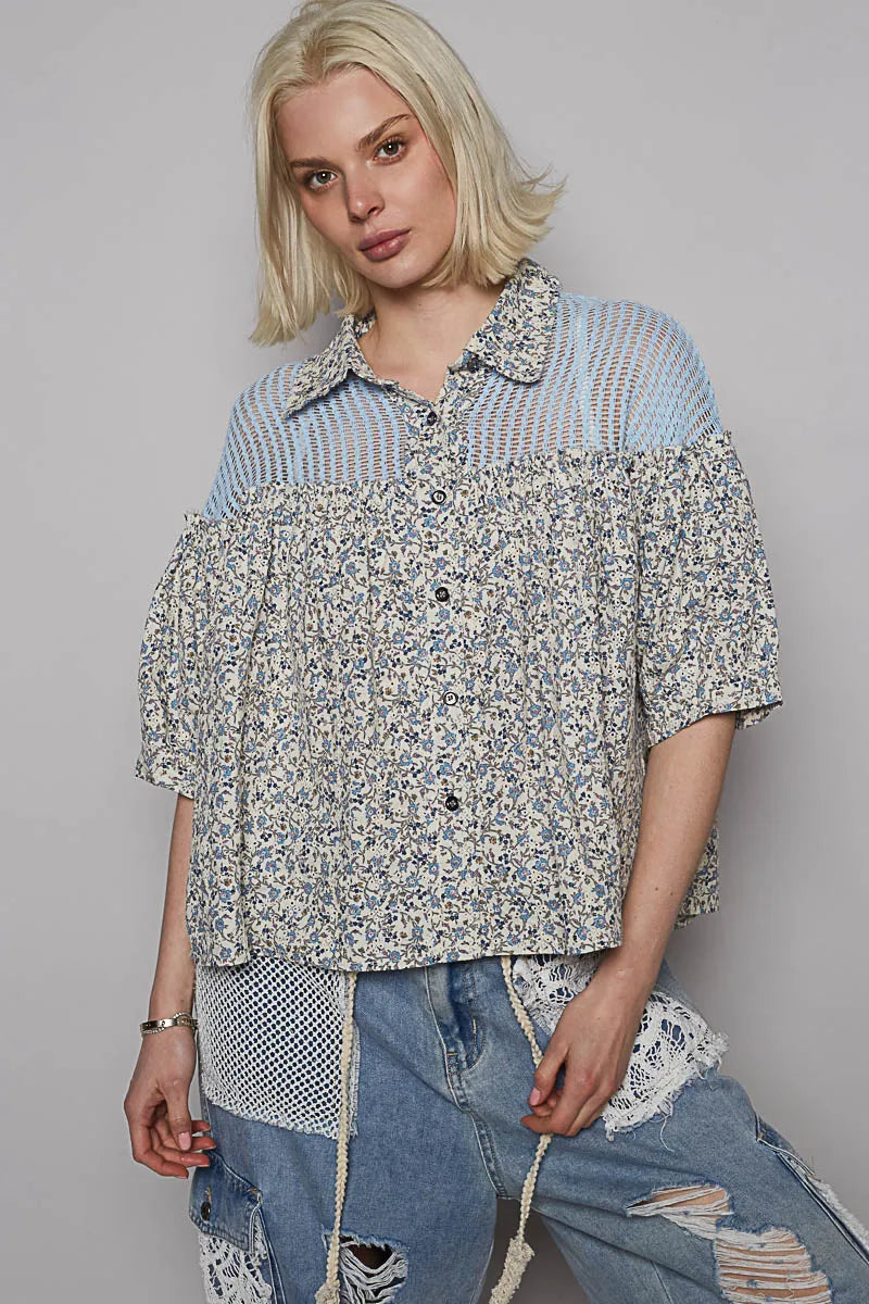 POL Floral Print Crochet Patchwork Button-Down Shirt