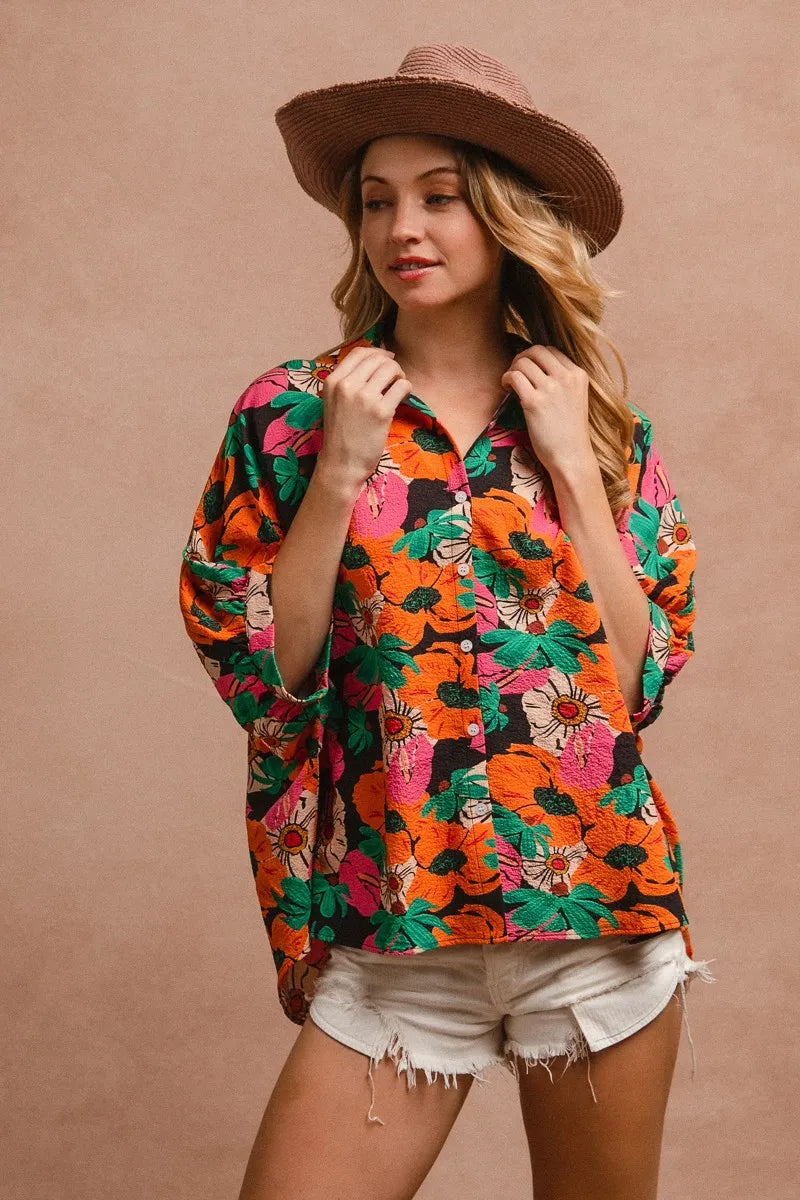 BiBi Floral Print Soft Crinkle Short Dolman Sleeves Blouse
