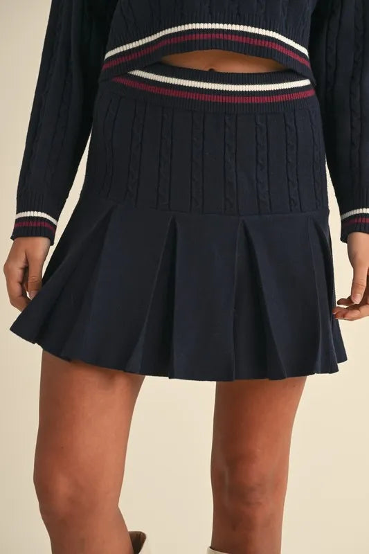 MABLE Cable-Knit Top and Pleated Skirt Sweater Set