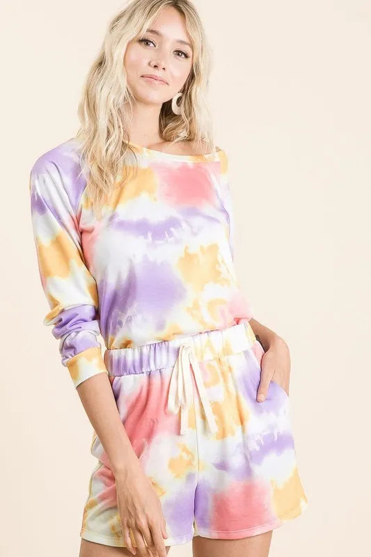 BiBi Tie Dye French Terry Top and Shorts Set LAVENDER MULTI