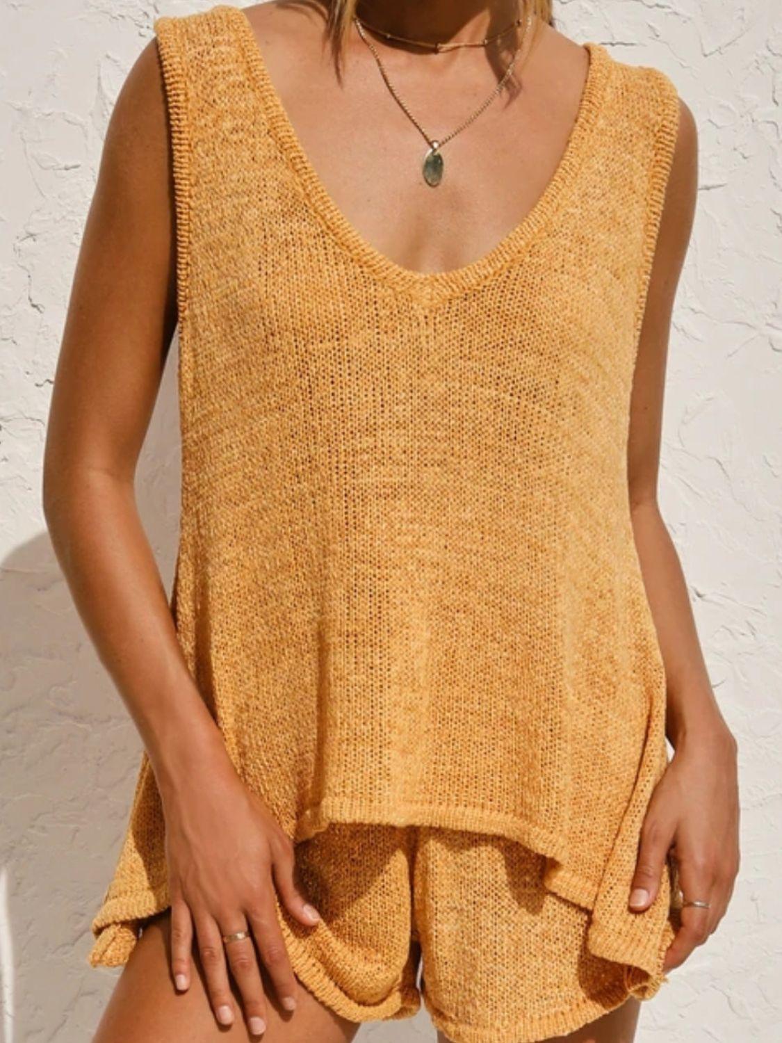 V-Neck Sleeveless Top and Drawstring Shorts Sweater Set Mustard