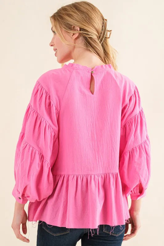 And The Why Loose Fit Tiered Raw Edge Hem Blouse Top