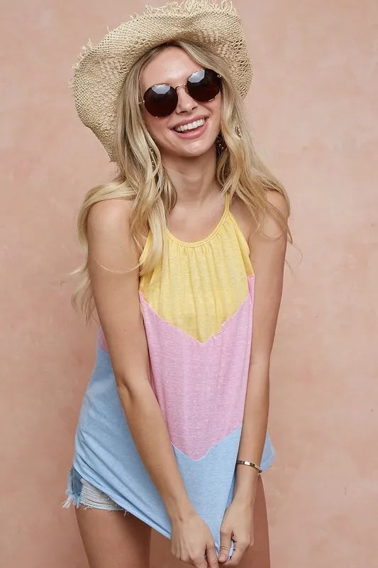 BiBi Triblend Knit Color Block Halter Neck Top