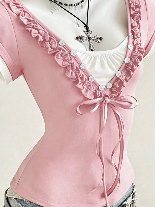Pink Frill Cap Sleeve Slim Fit T-Shirt