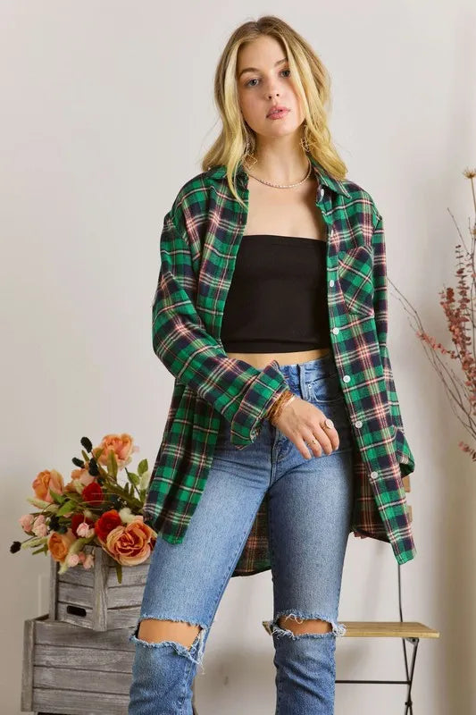 ADORA Full Size Button Down Classic Plaid Shirt W Roll Up Sleeve Plus Size