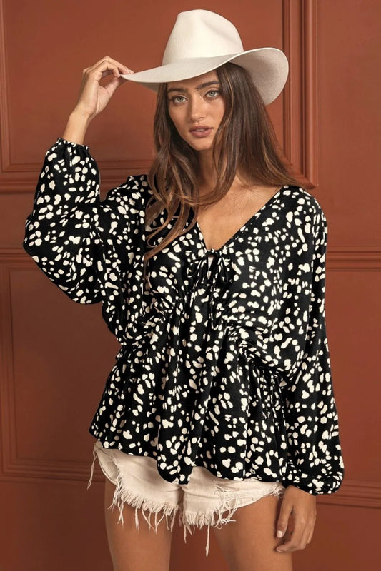 BiBi Leopard Woven Tied Spaghetti V Neck Lslv Top BLACK