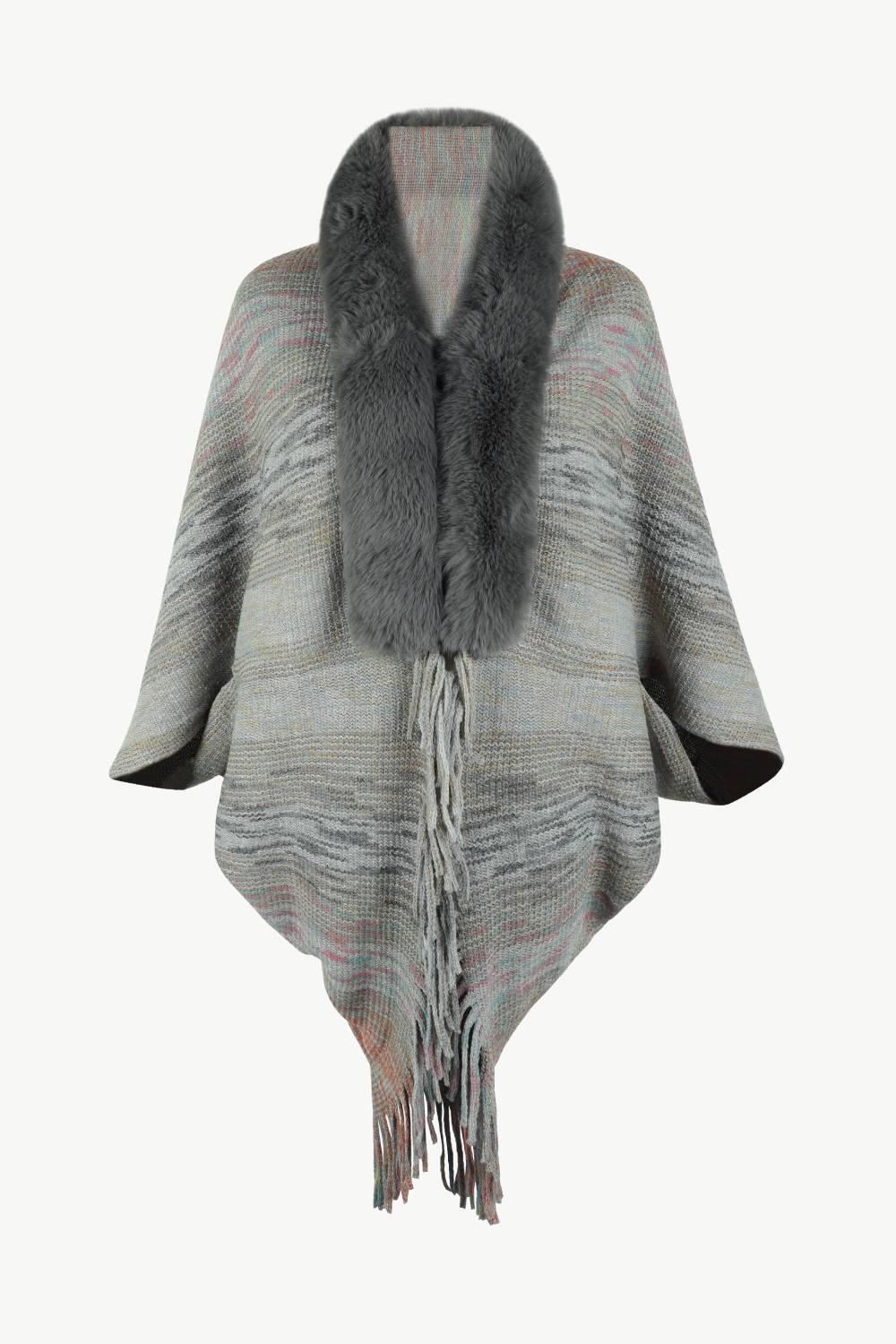 Open Front Fringe Hem Poncho Dark Gray One Size