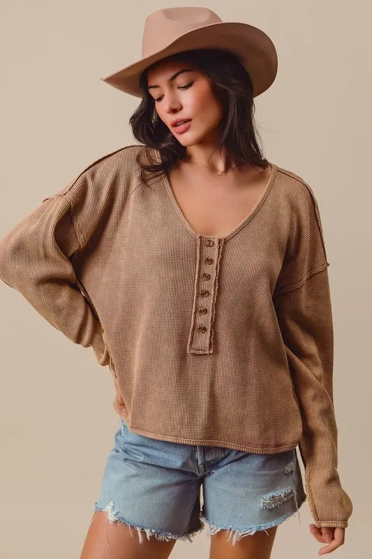 SO ME Frayed Cut Mineral Washed Deep V Neck Waffle Top