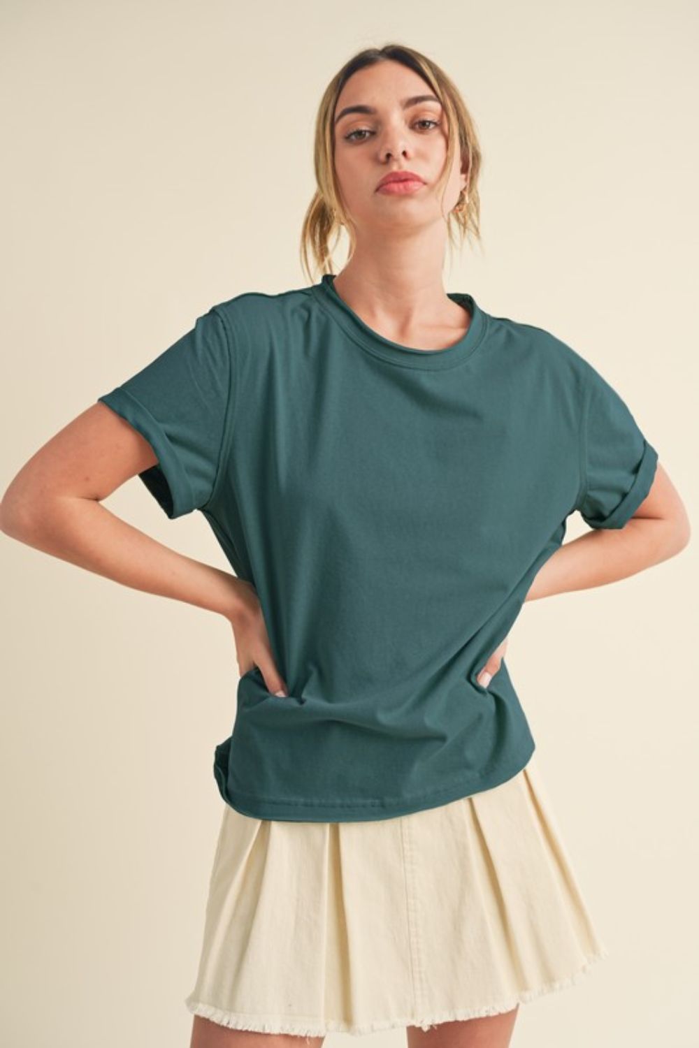 Aemi + Co Exposed Seam Round Neck Short Sleeve T-Shirt Teal