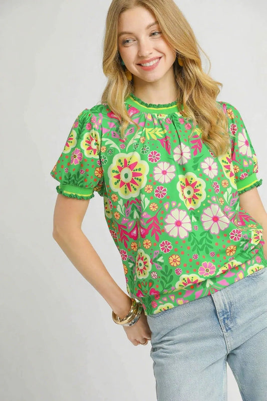 Umgee Retro Floral Puff Sleeve Top GREEN MIX