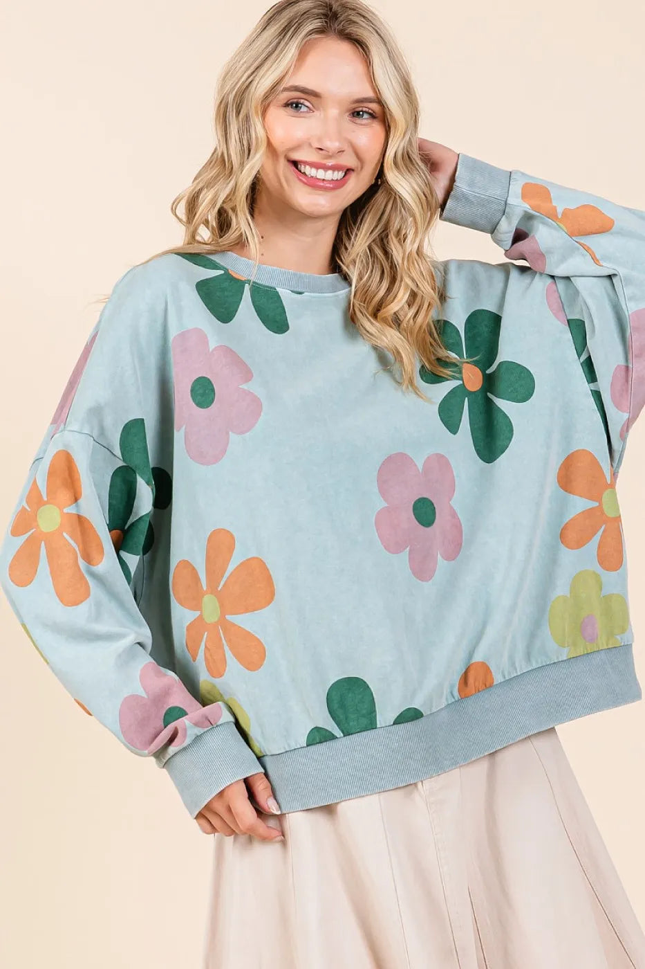 Mittoshop Mineral Wash Flower Print French Terry Sweatshirt
