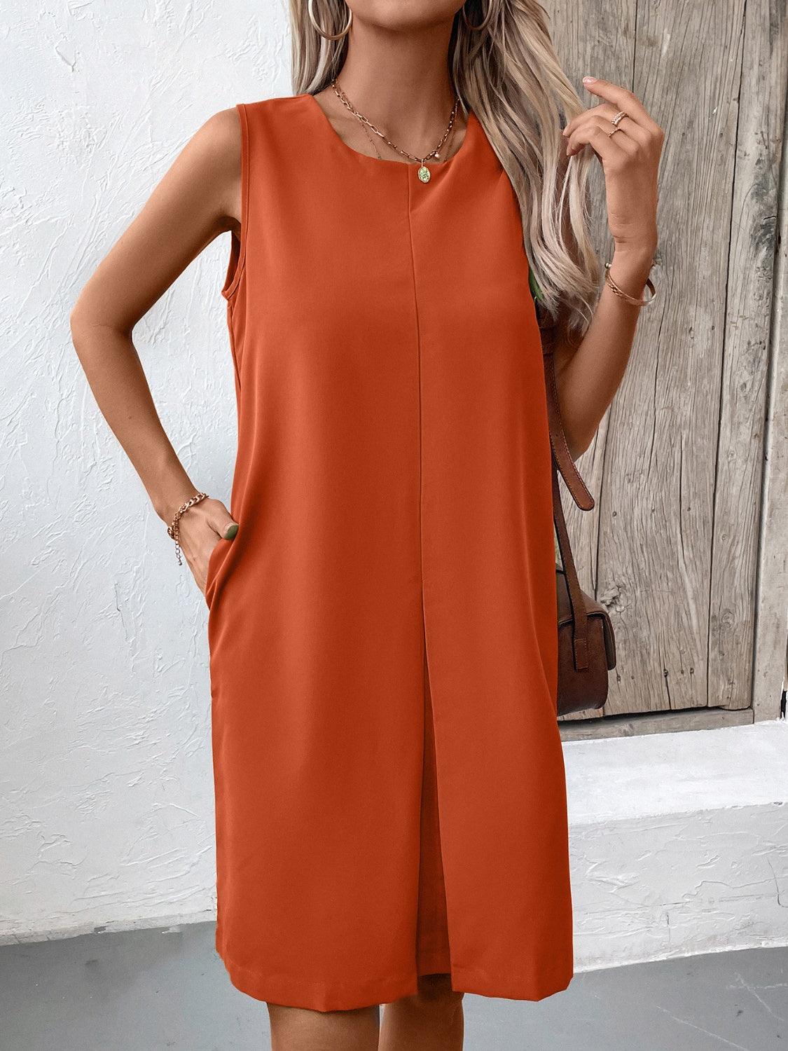 Ivy Lane Pocketed Round Neck Sleeveless Mini Dress Terracotta