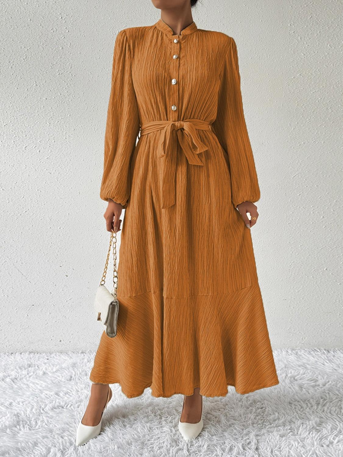 Honey Tie Waist Long Sleeve Dress Ochre