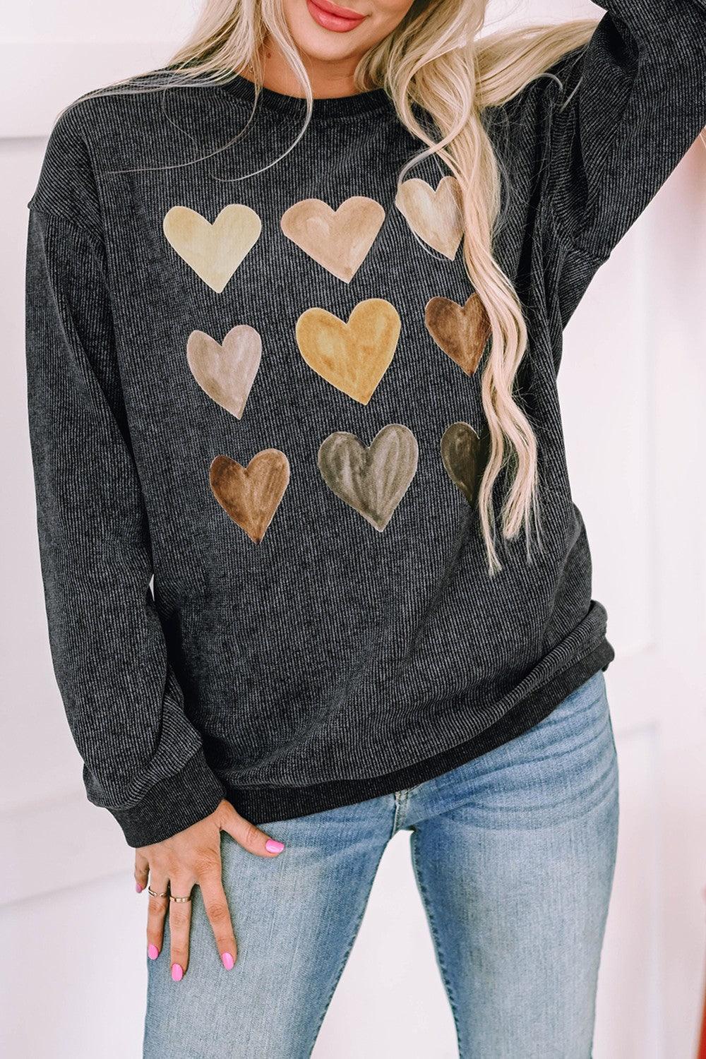 Heart Round Neck Dropped Shoulder Sweatshirt Dark Gray