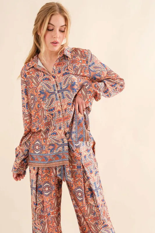 And The Why Satin Paisley Pattern Button Down Shirts BROWN