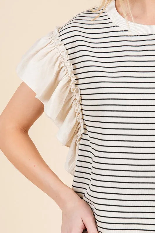 Lime 'N' Chili Striped Ruffle Sleeve Round Neck Top & Shorts Set