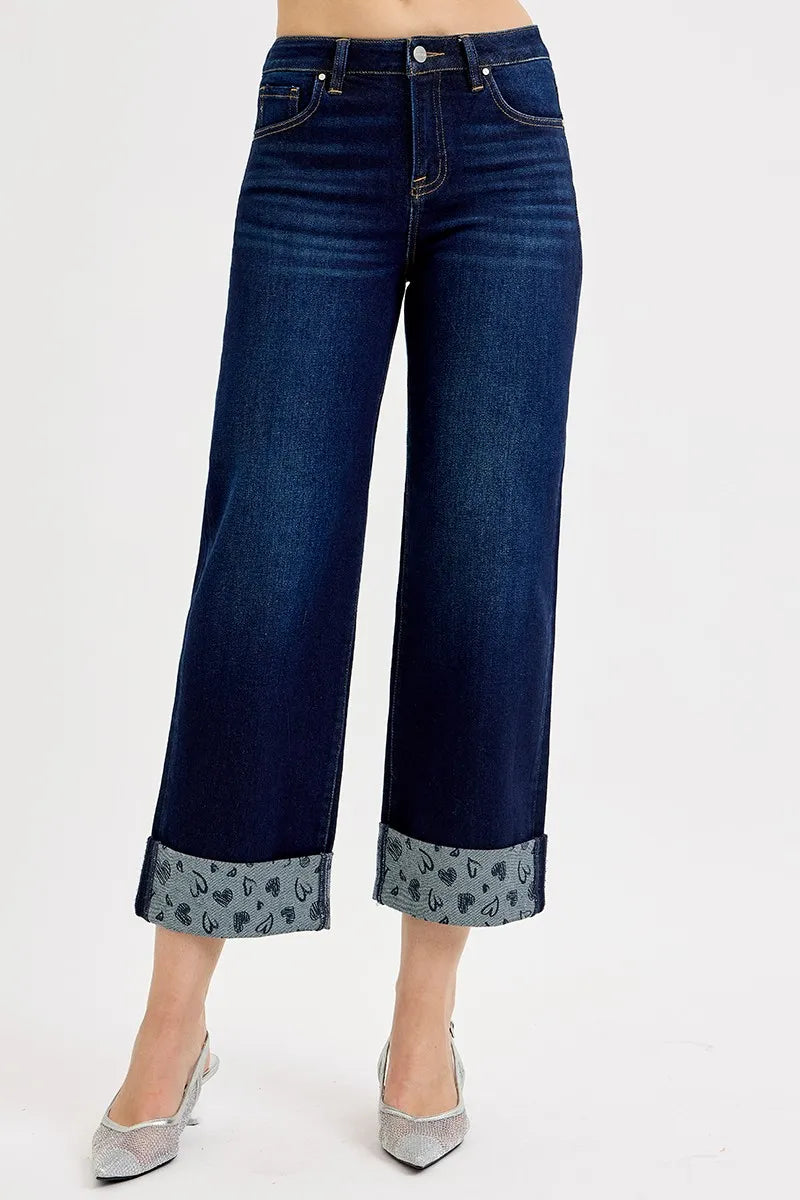 RISEN Full Size Mid Rise Fit Crop Wide With Printed Cuff Jeans Plus Size DARK