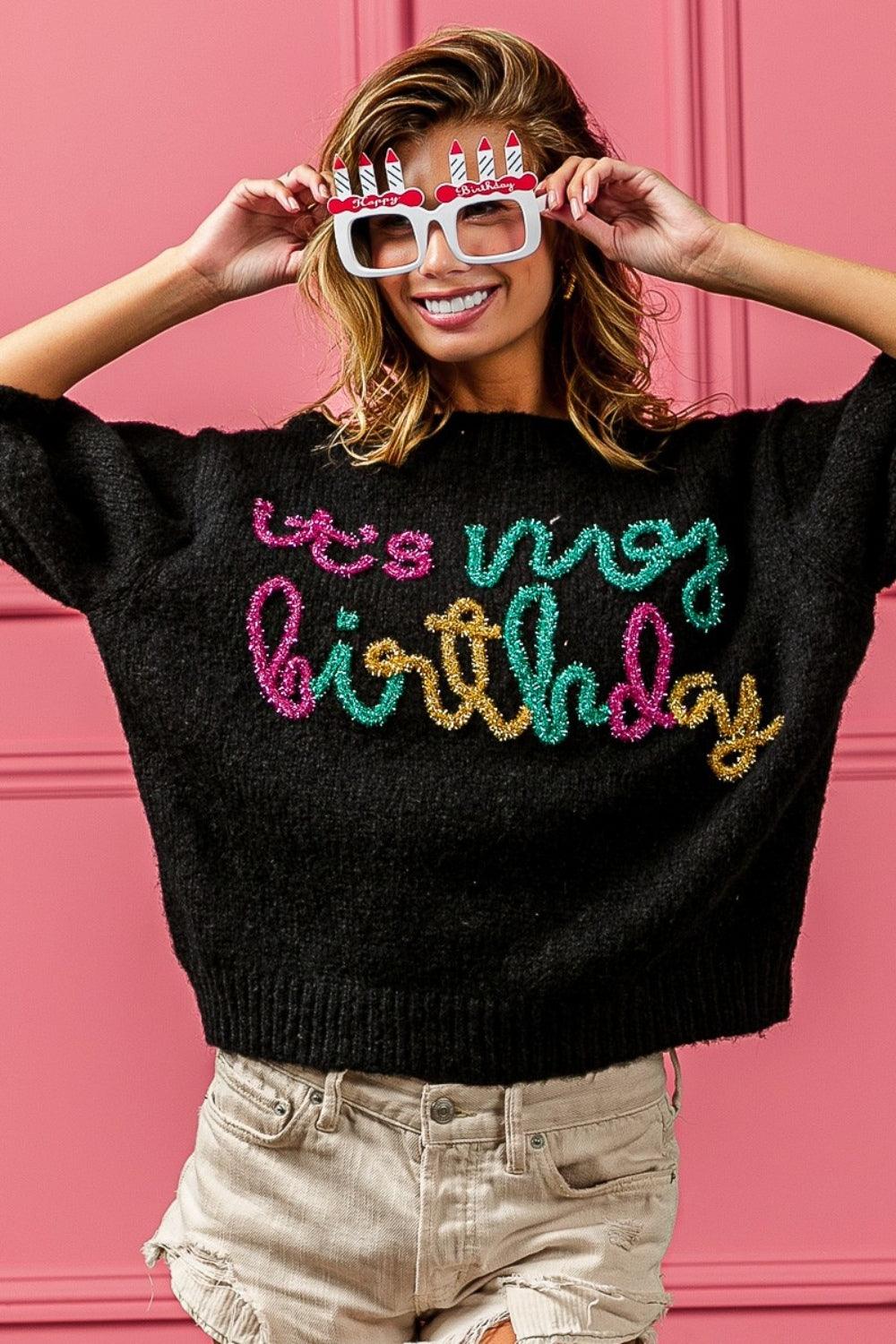 BiBi Metallic Letter Puff Sleeve Sweater for Stylish Comfort