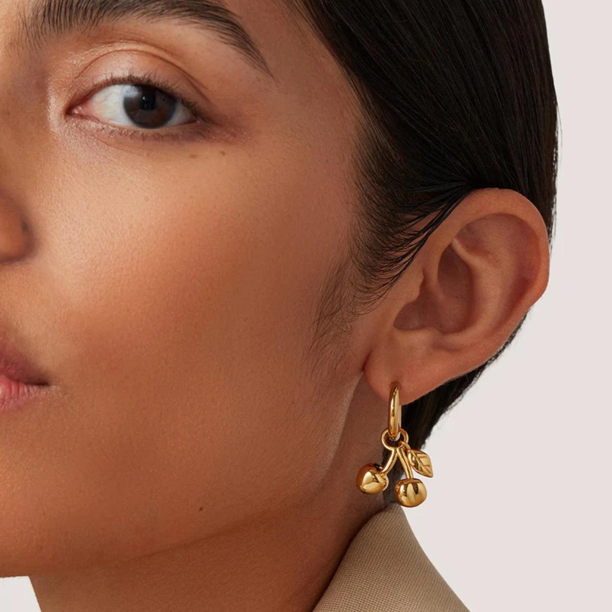 Stainless Steel Cherry Drop Earrings Gold One Size