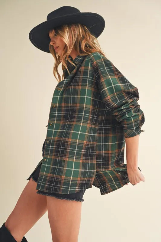 Aemi + Co Flannel Plaid Button Up Raglan Sleeve Shirt