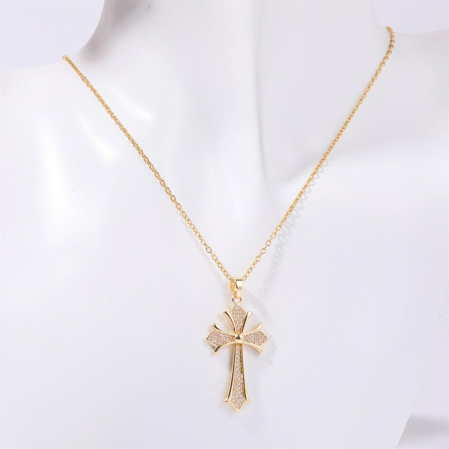 Stainless Steel Inlaid Zircon Cross Necklace Style A One Size