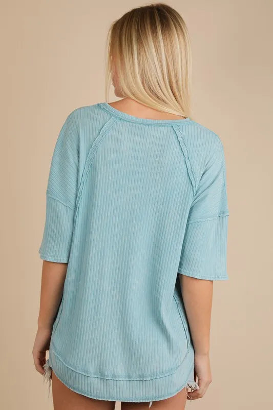 VERY J Mineral Washed Ribbed Knit Casual Top