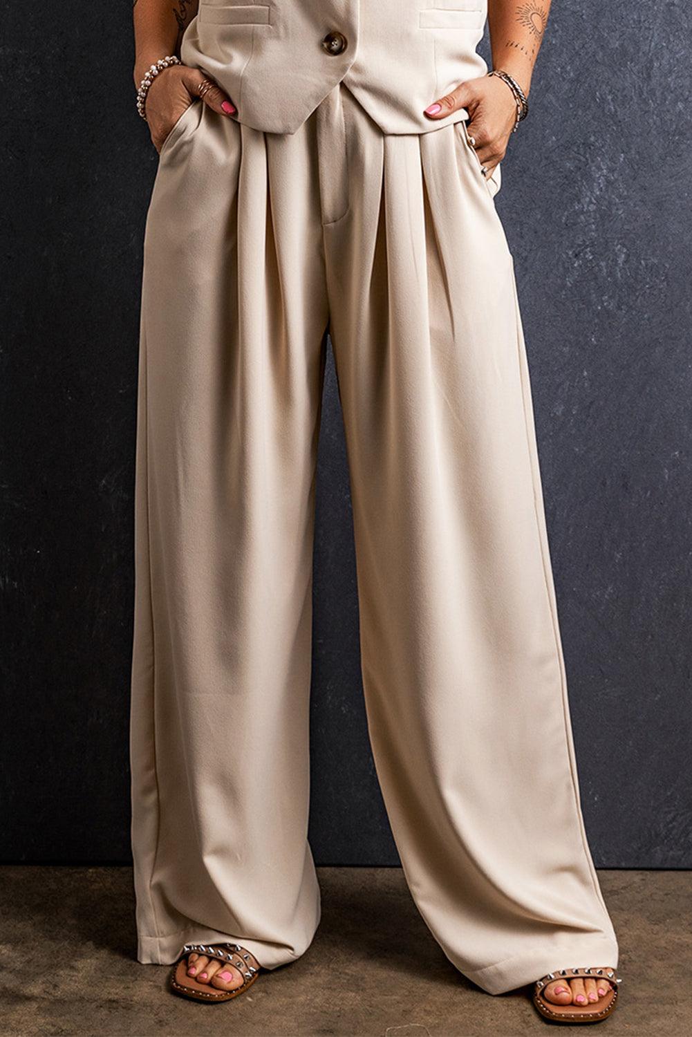 Ruched Wide Leg Pants with Pockets Khaki