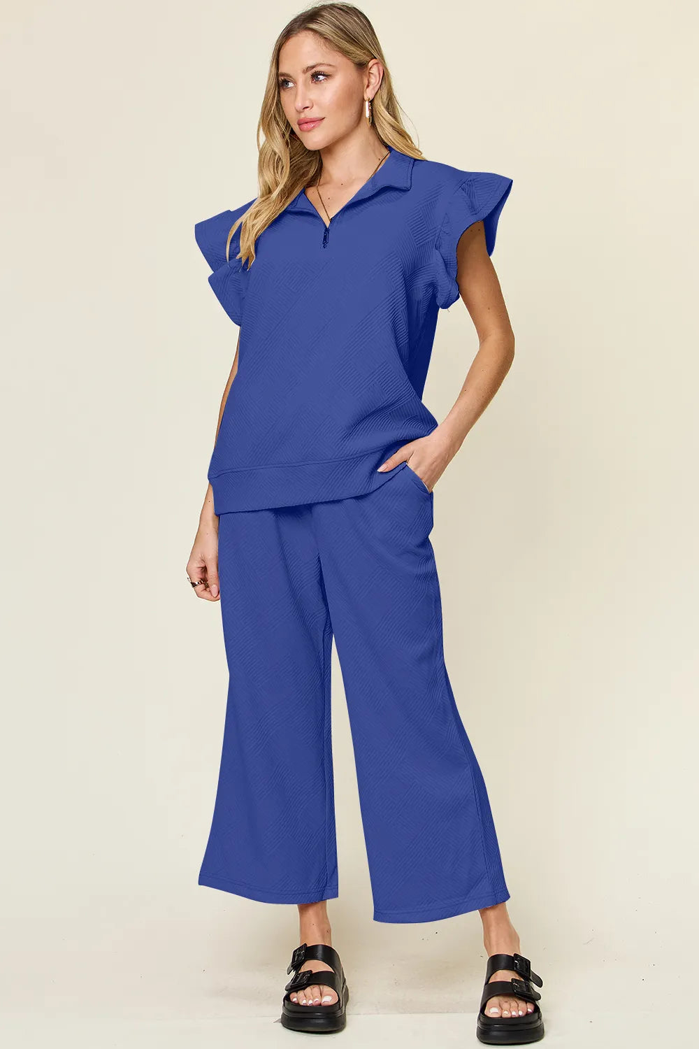 Double Take Texture Ruffle Short Sleeve Top and Drawstring Wide Leg Pants Set Royal Blue