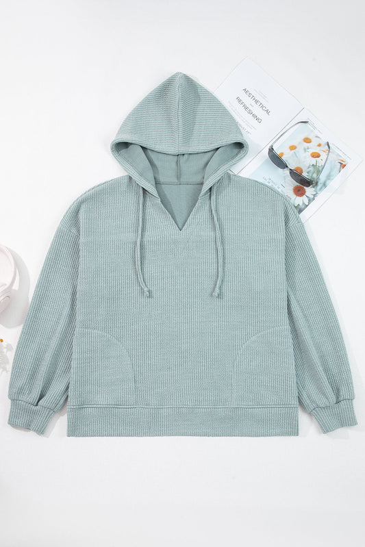 Solid Ribbed Drop Shoulder Hoodie