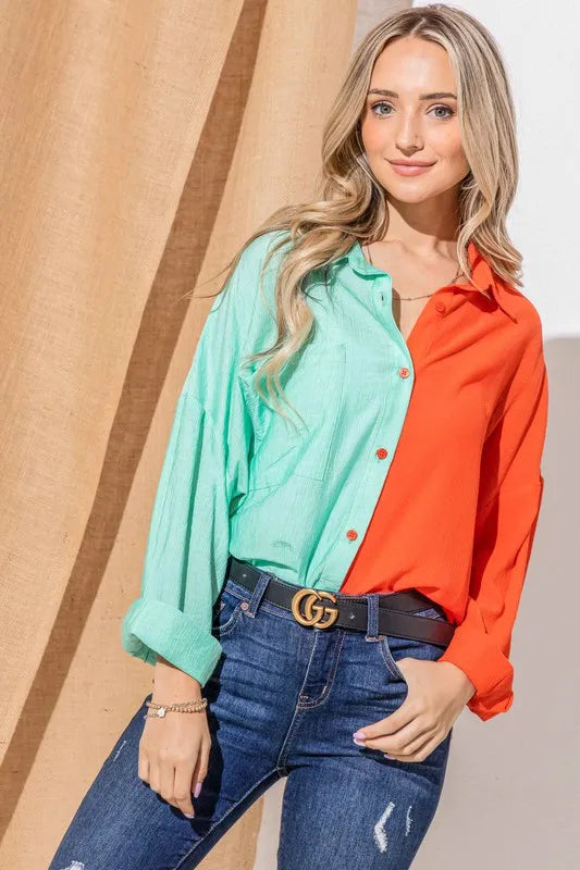 And The Why Color Block Button-Down Casual Shirts