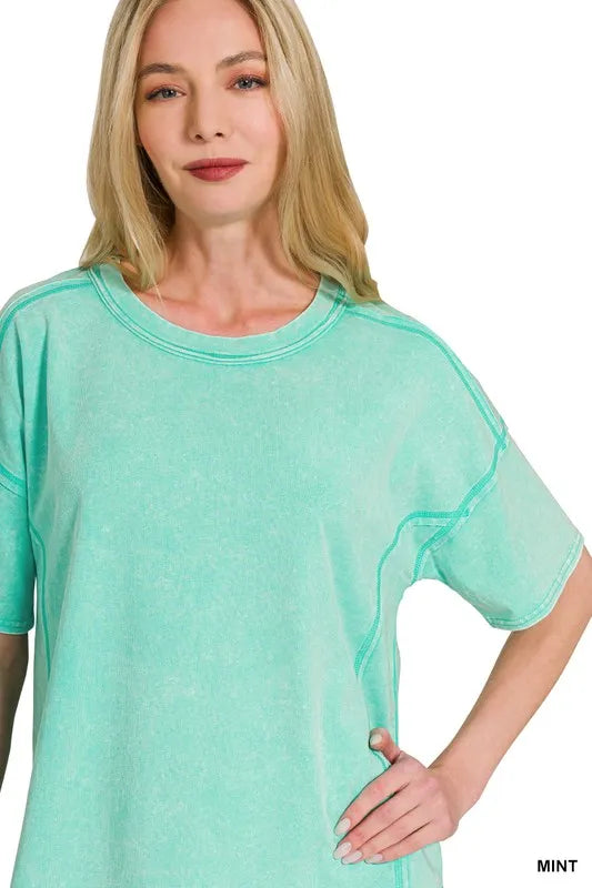 Zenana Acid Washed Short Sleeve Tee & Shorts Set