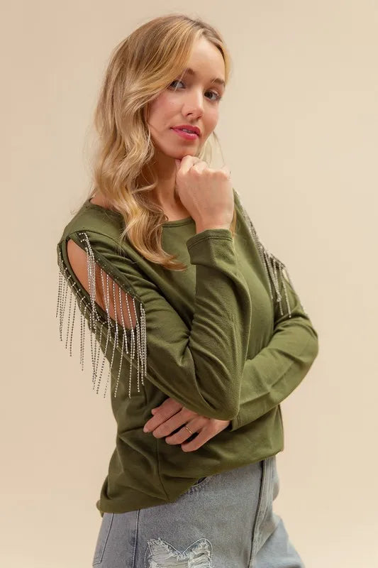 BiBi French Terry Cold Shoulder Ringstone Fringe Top