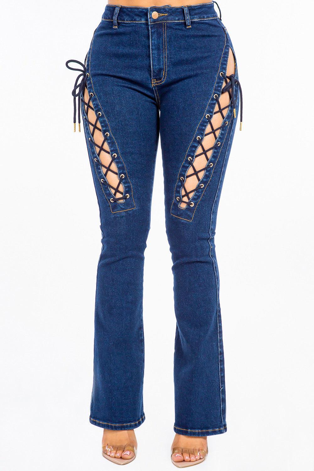 American Bazi High Rise Lace Up Jeans DK Blue