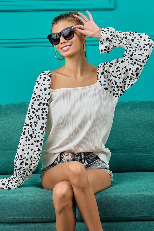 BiBi Ribbed Top with Leopard Long Sleeves IVORY