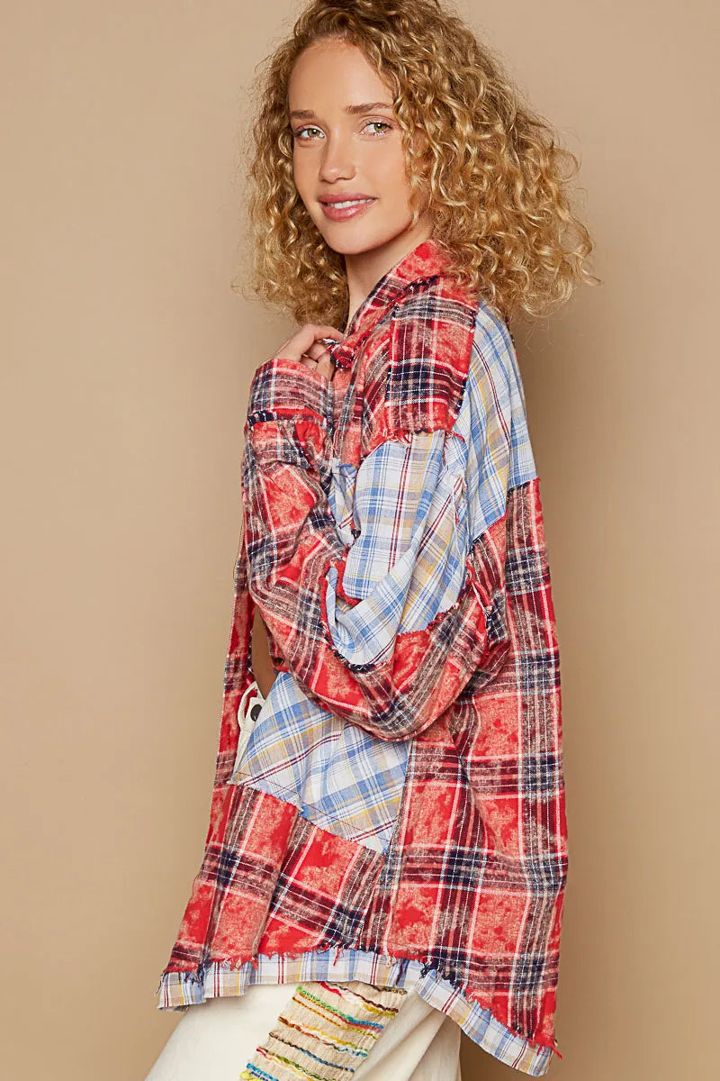 POL Plaid Patchwork Long Sleeve Shirt with Raw Edge Detail