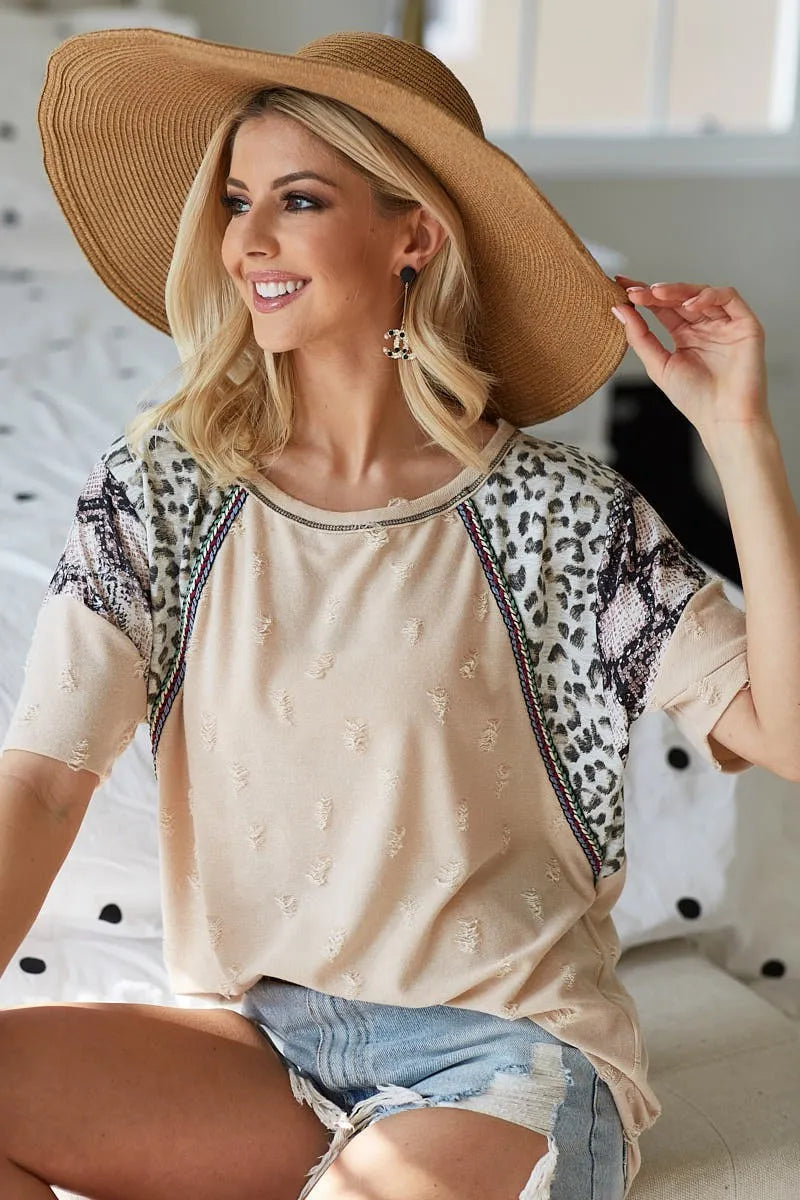 BiBi Distress Jacquard Knit with Leopard Snake Skin Top TAUPE