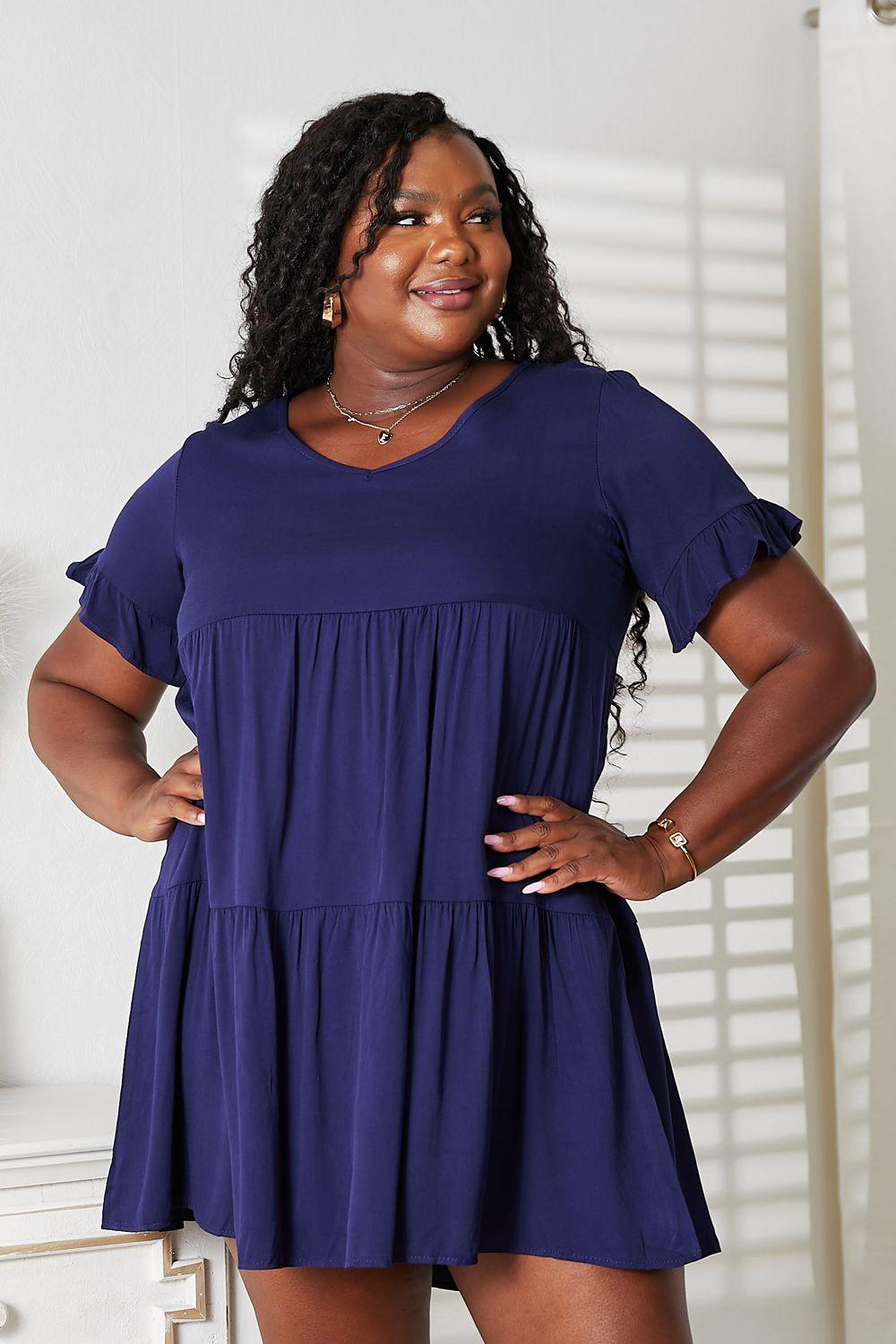 Double Take V-Neck Flounce Sleeve Dress for Effortless Style Navy