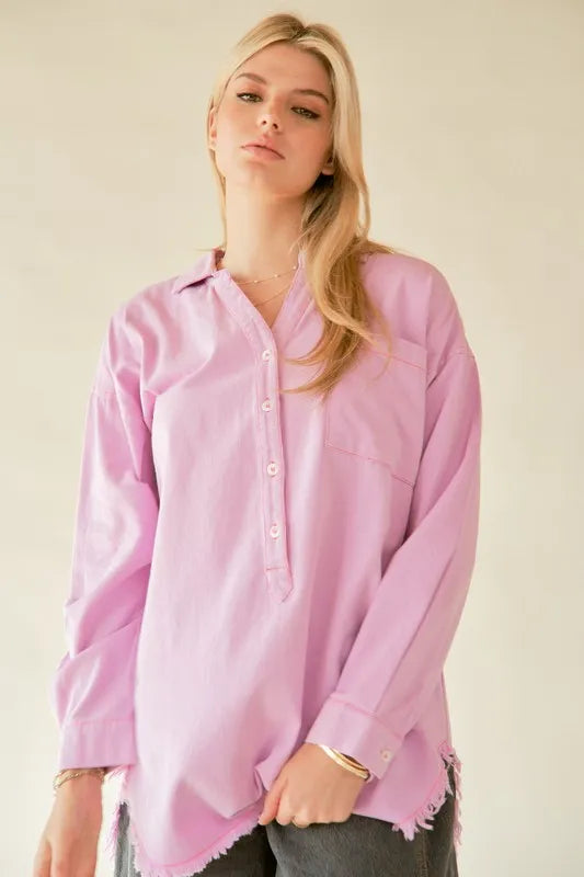 Davi & Dani Letter Back Raw Hem Half Button Shirt