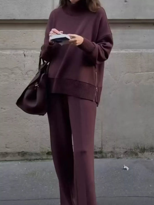 Turtleneck Side Zipper Sweatshirt and Pants Set
