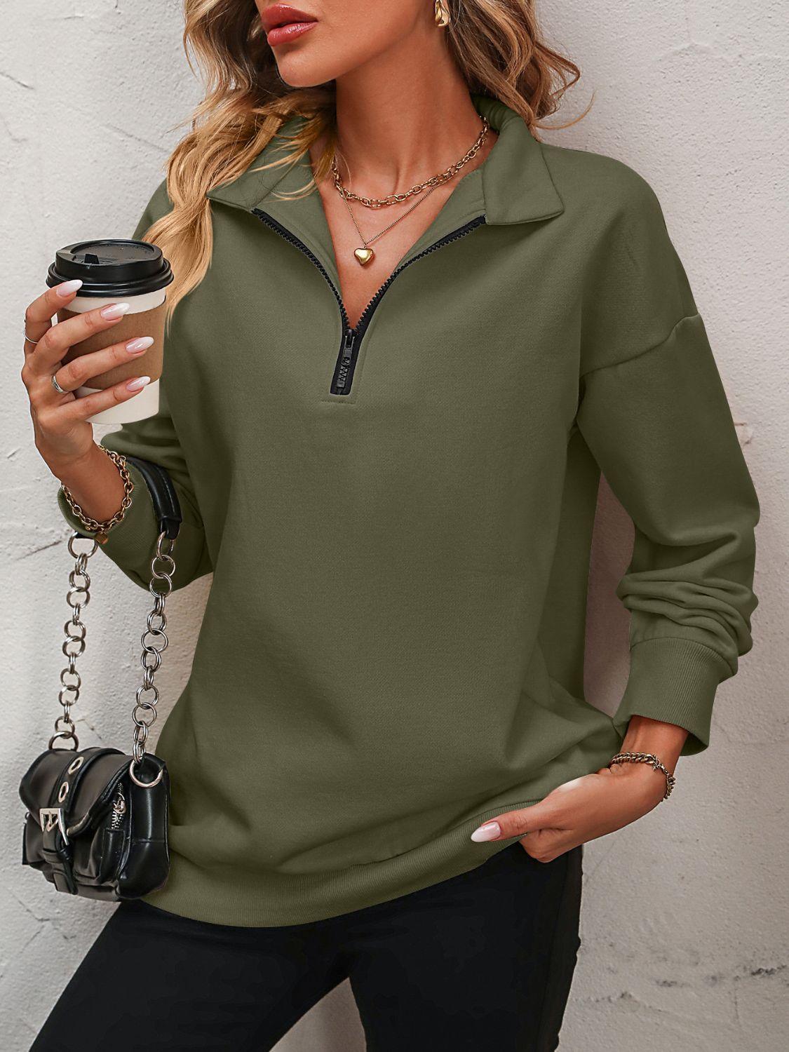 Mandy Zip-Up Dropped Shoulder Sweatshirt Army Green