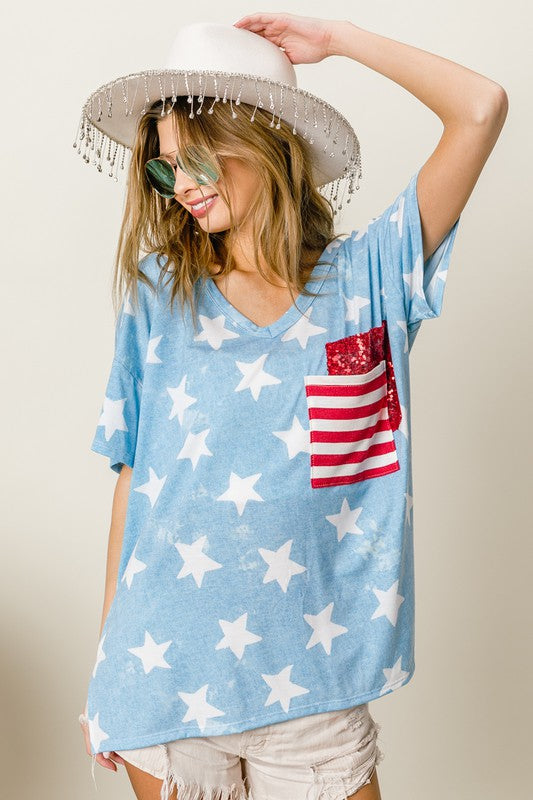BiBi Star Print Sequin V-Neck Short Sleeve T-Shirt