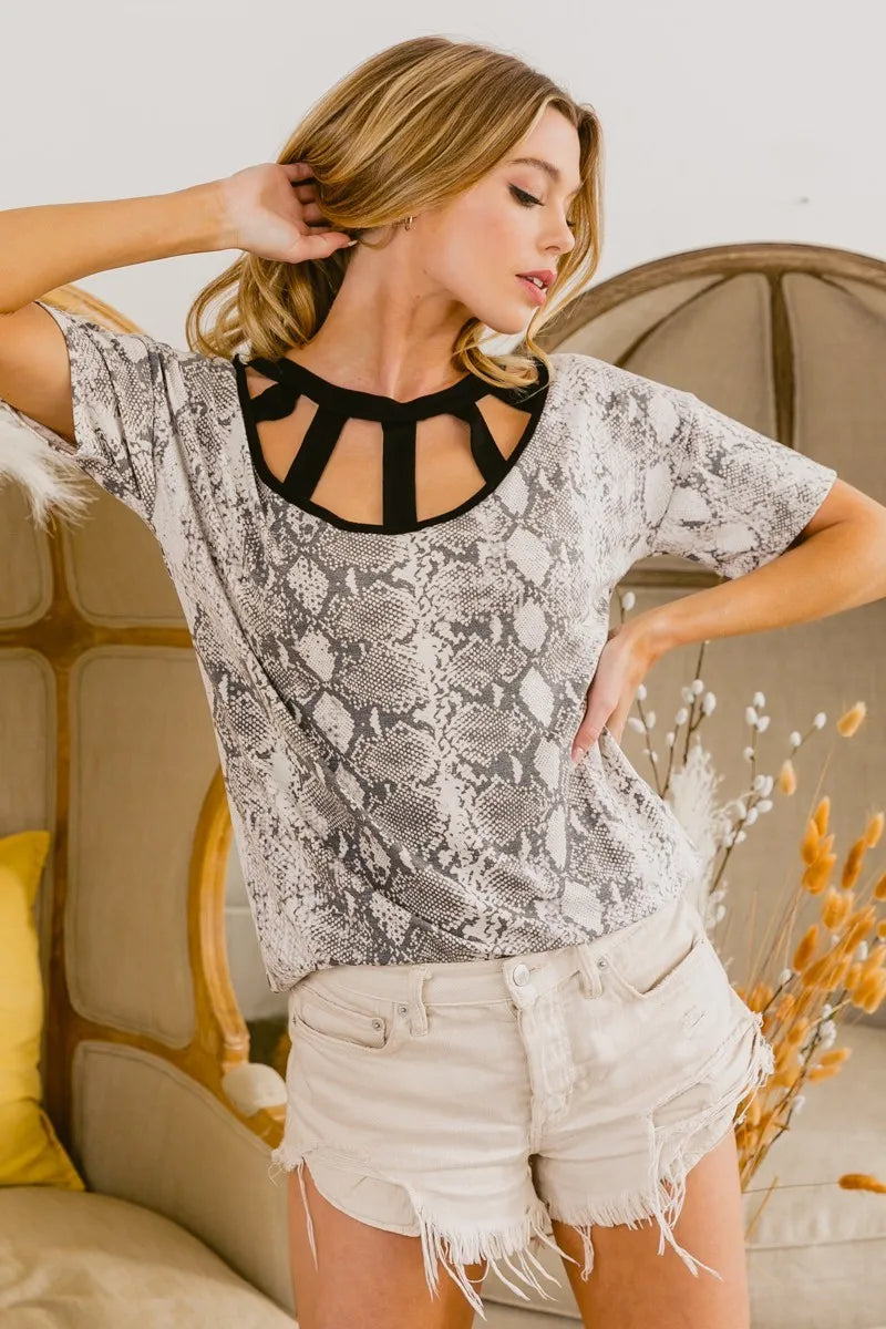 BiBi Snake Skin Print Top with Contrast Caged Neck