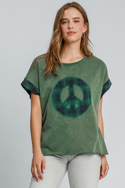 Umgee Peace Applique Round Neck French Terry Top Dark Green