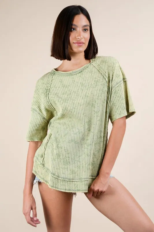 VERY J Mineral Washed Ribbed Knit Casual Top