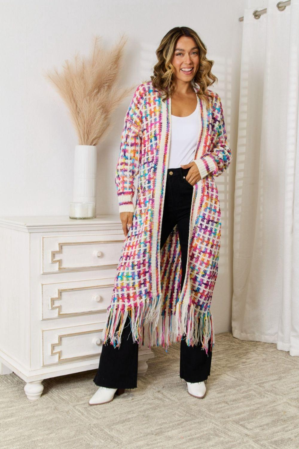 Angel Wings Full Size Multicolored Open Front Fringe Hem Cardigan Red White
